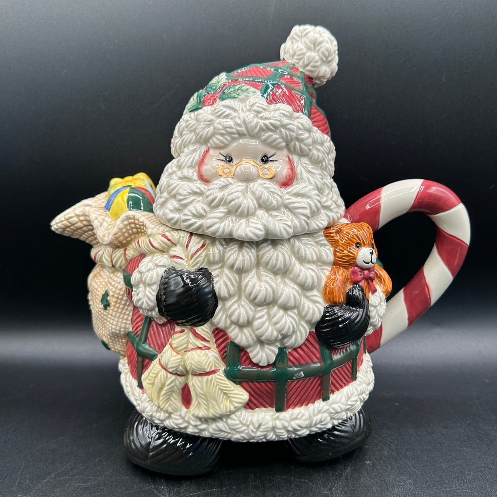 Santa Claus Figural Teapot Toys Candy Cane Handle Ceramic 8.5" Christmas As Is